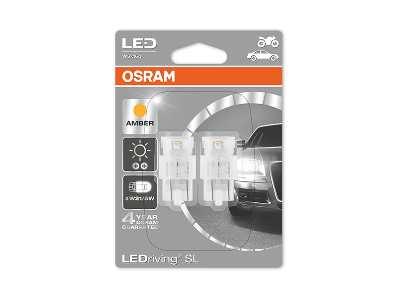 Комплект 2 броя LED лампи Osram тип W21/5W, жълти, 12V, 2.5W, W3x16q