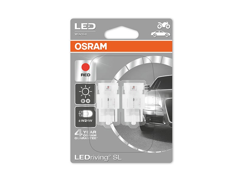 Комплект 2 броя LED лампи Osram тип W21W, червени, 12V, 1.4W, W3x16d