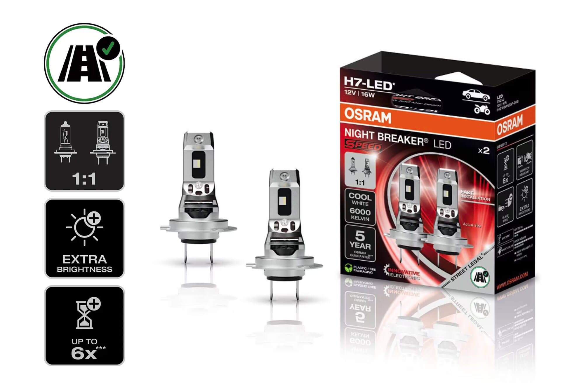 LED система Osram за фарове H7 Night Breaker Speed студено бяла светлина, 12V, 16W, 6000K, 1550lm, Street Legal