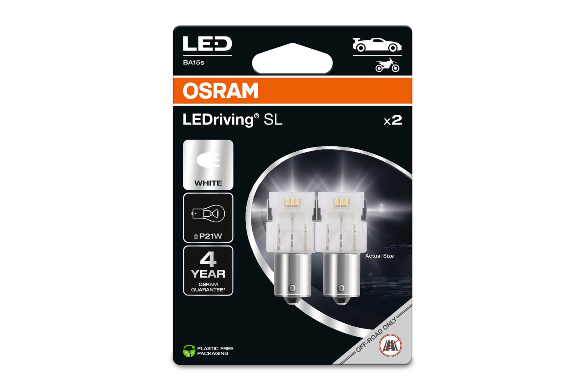  Комплект 2 броя LED лампи Osram тип P21W бели 6000K, 160LM, 12V, 1.40W, BA15s