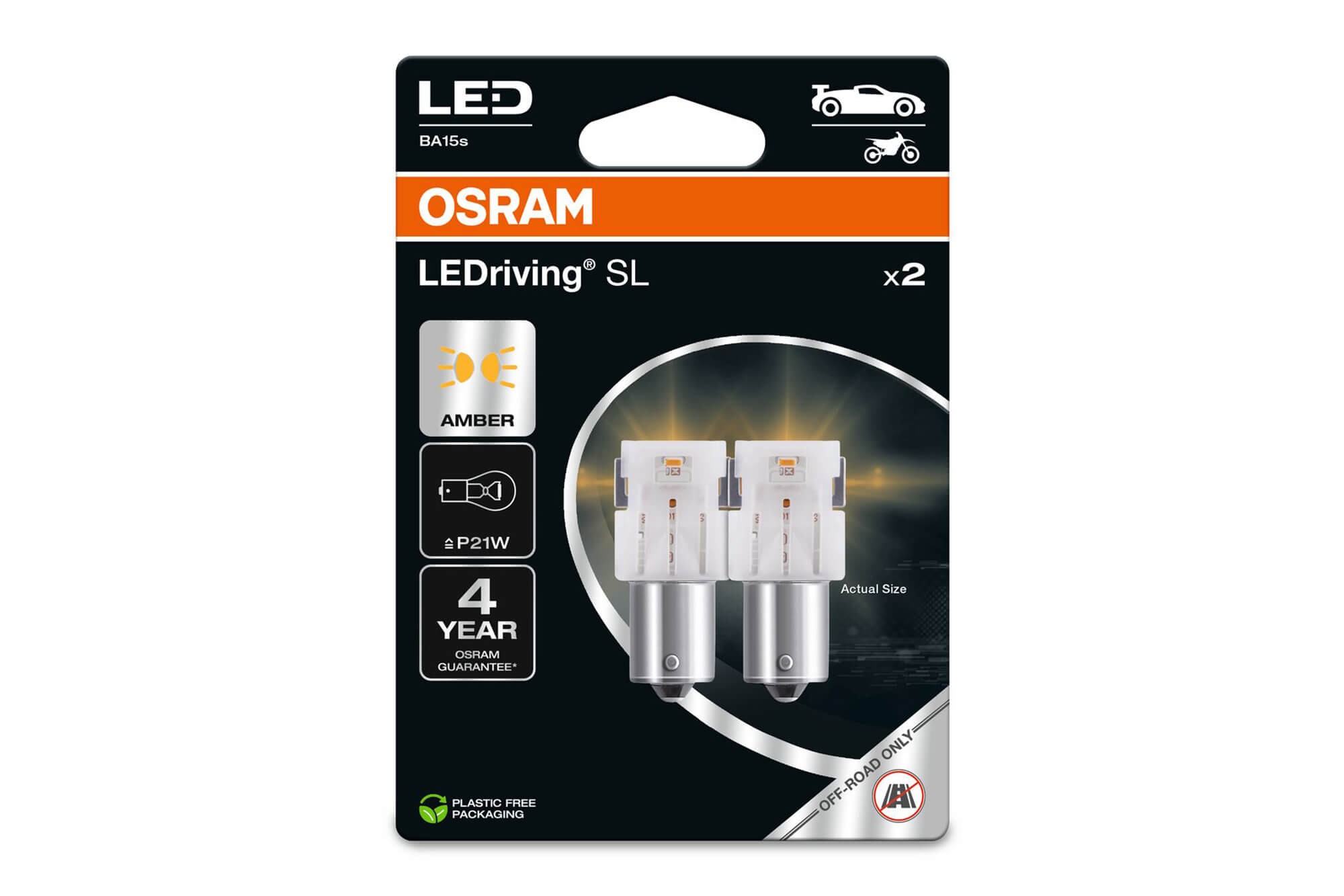 Комплект 2 броя LED лампи Osram тип P21W кехлибар, 50LM, 12V, 1.30W, BA15s