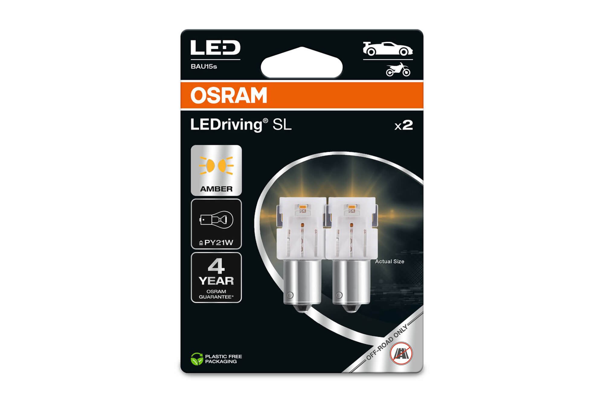 Комплект 2 броя LED лампи Osram тип PY21W кехлибар, 50LM, 12V, 1.30W, BAU15s