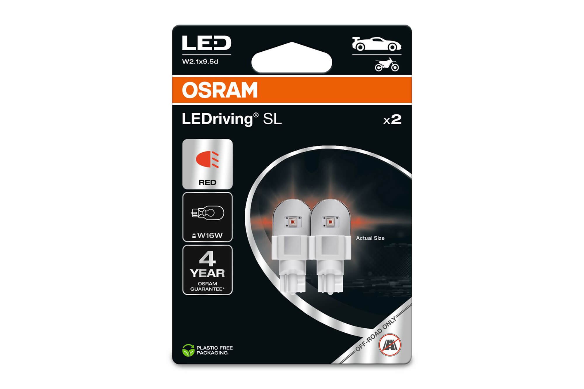  Комплект 2 броя LED лампи Osram тип W16W червени, 80LM, 12V, 1.40W, W2.1x9.5d
