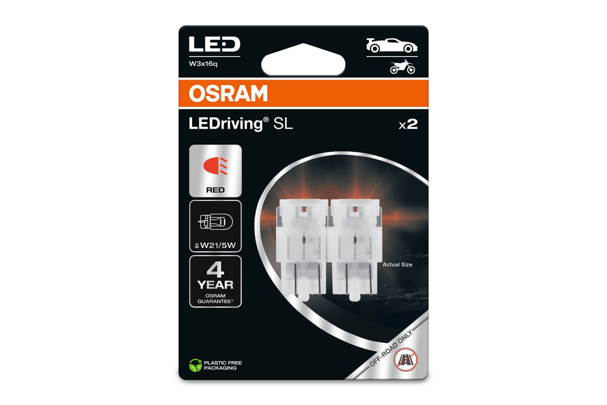  Комплект 2 броя LED лампи Osram тип W21/5W червени, 80LM, 12V, 1.70W, W3x16q