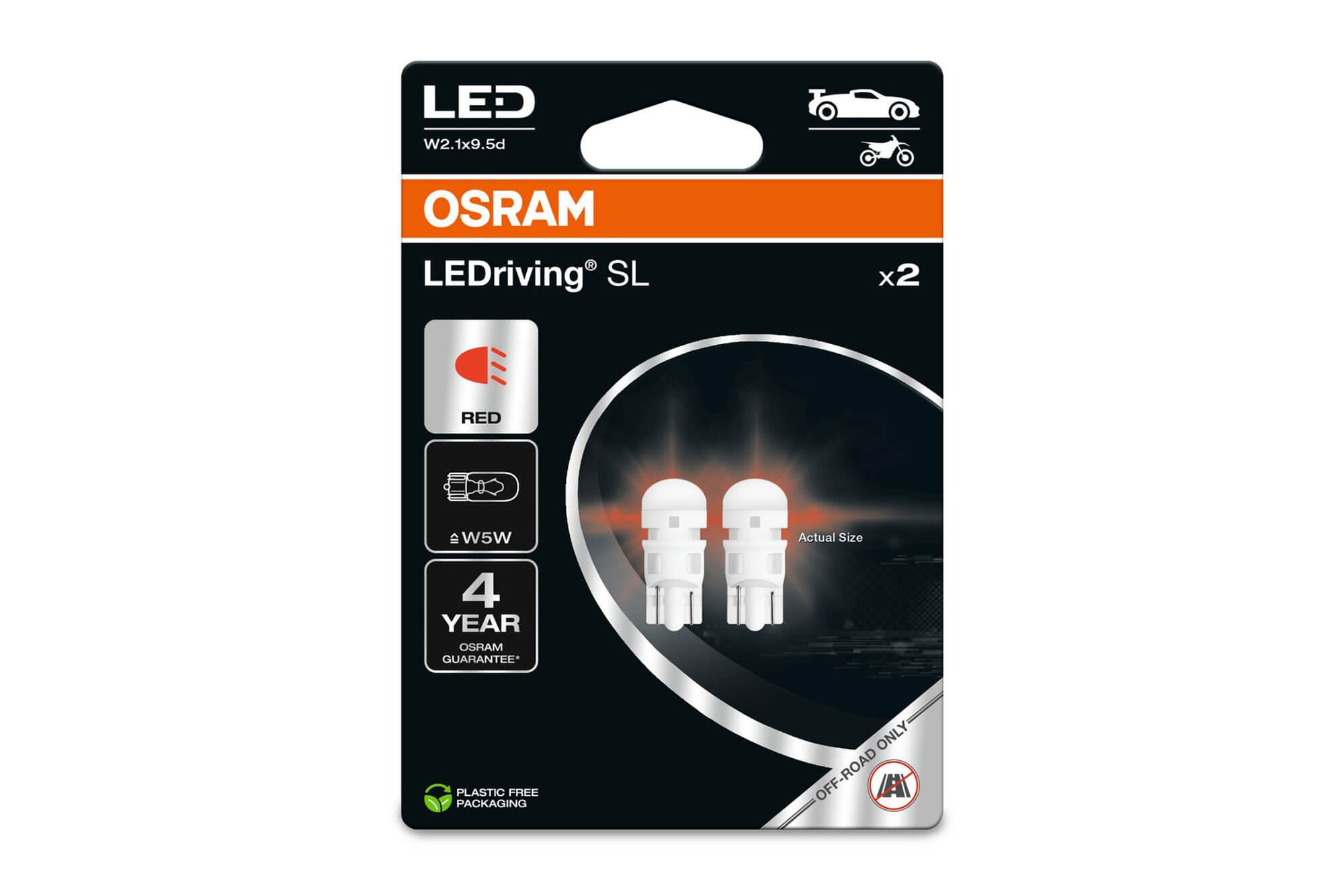 Комплект 2 броя LED лампи Osram тип W5W червени, 15LM, 12V, 0.6W, W2.1x9.5d