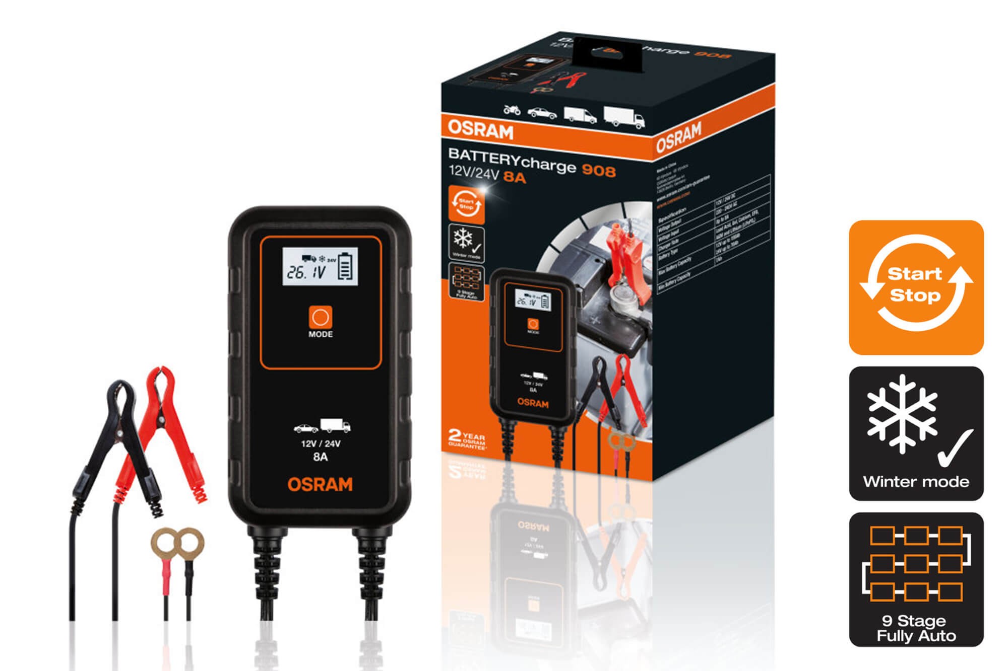 Smart зарядно Osram модел 908, 6/12V/24V, 4/8A за акумулатори до 150Ah