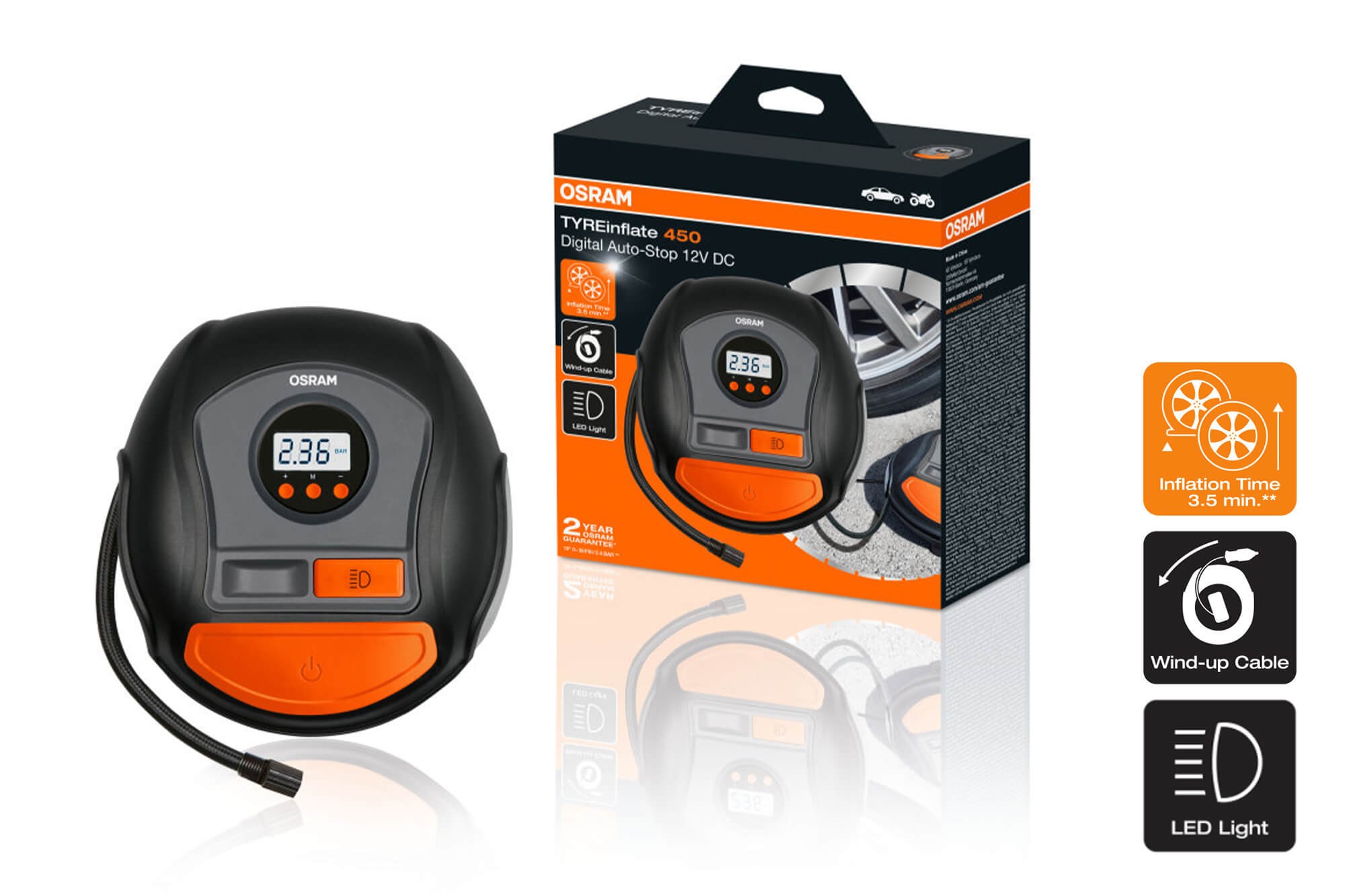 Дигитален компресор Osram модел 450 за гуми 12V, 10A, 5.5bar