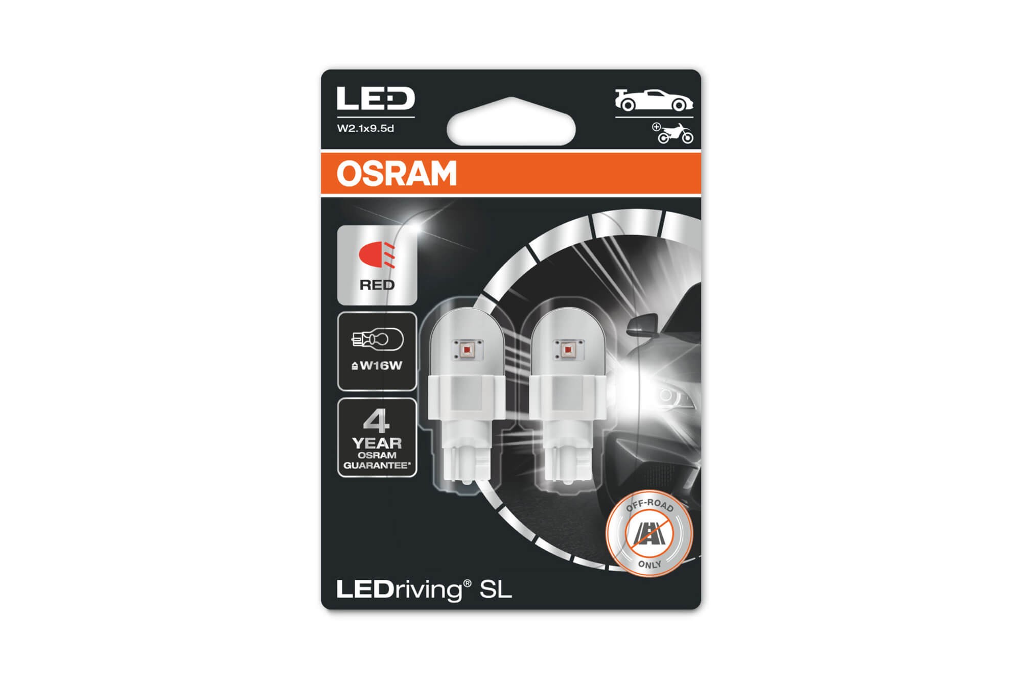  Комплект 2 броя LED лампи Osram тип W16W червени, 80LM, 12V, 1.40W, W2.1x9.5d