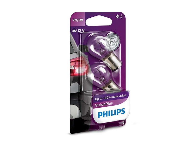 Комплект 2 броя халогенни крушки Philips P21/5W Vision Plus 12V, 21/5W, BAY15D