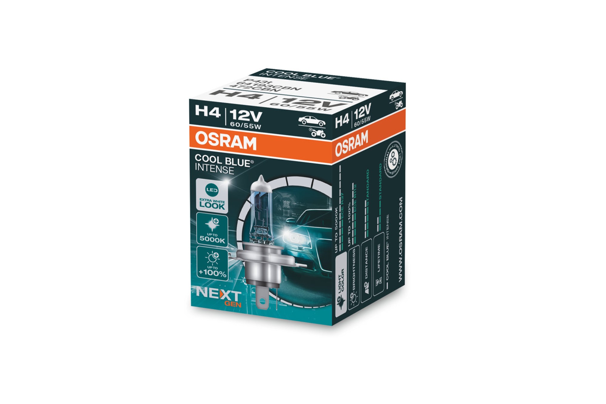 Халогенна крушка Osram H4 Cool Blue Intense Next Gen 12V, 60/55W, P43t, 5000K, 1650/1000lm