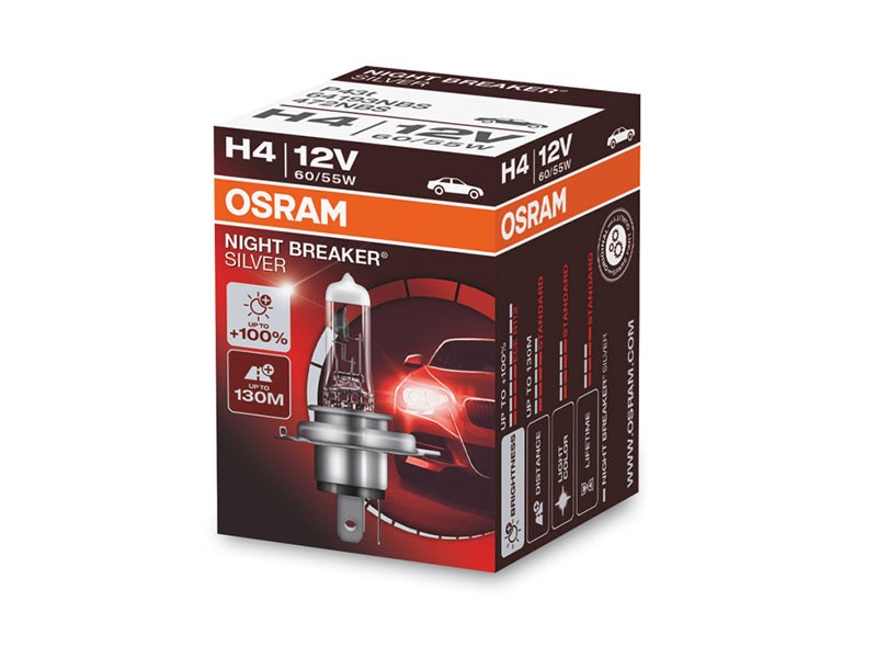 Халогенна крушка Osram H4 Night Breaker Silver 12V, 60/55W, P43t, 1650/1000lm, 1 брой в кутия