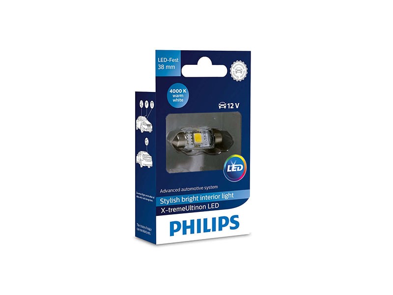 LED лампа Philips тип C5W X-treme Vision 38mm, топло бяла, 4000K, 12V, 1W, SV8.5, 1 брой