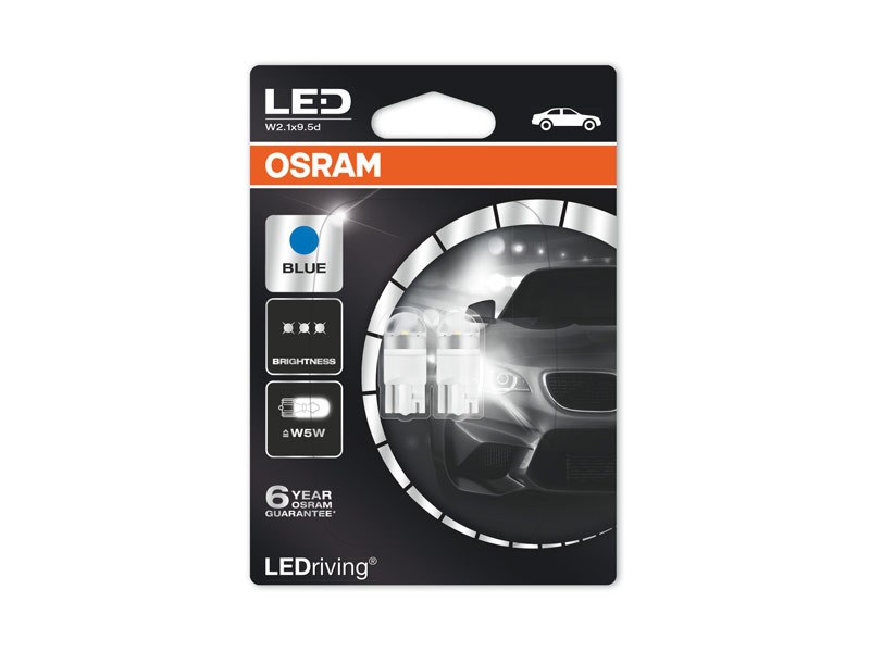 Комплект 2 броя LED лампи Osram тип W5W сини, 12V, 1W, W2.1x9.5d