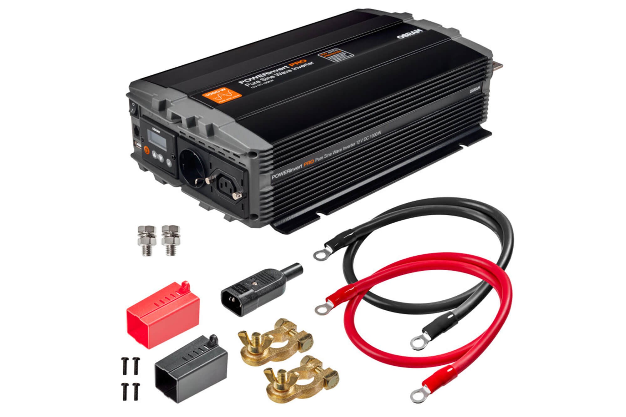 Монофазен токов инвертор Osram Pure Sine Wave Inverter 12V DC, 1000W RDC, 98A, 50-60Hz, 200-240Vrms, с един стандартен контакт и един контакт тип IEC320