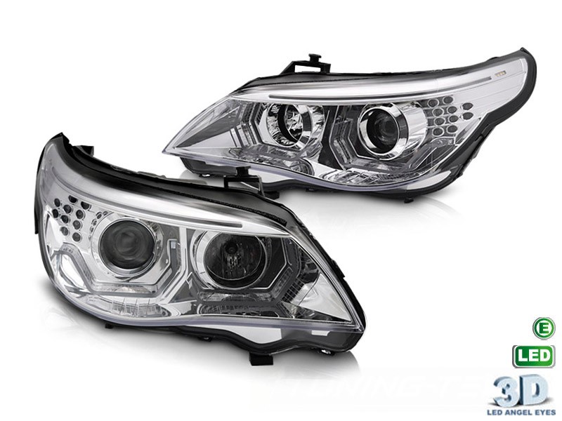 Комплект тунинг фарове с 3D LED ангелски очи за BMW серия 5 E60 седан, E61 комби 2003-2007 с хром основа, ляв и десен , за модела с халогенни фарове