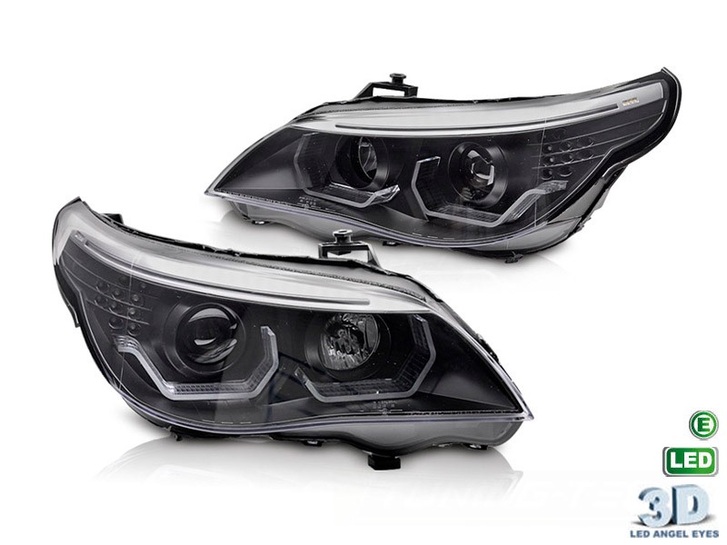 Комплект тунинг фарове с 3D LED ангелски очи за BMW серия 5 E60 седан, E61 комби 2003-2007 с черна основа, ляв и десен , за модела с халогенни фарове