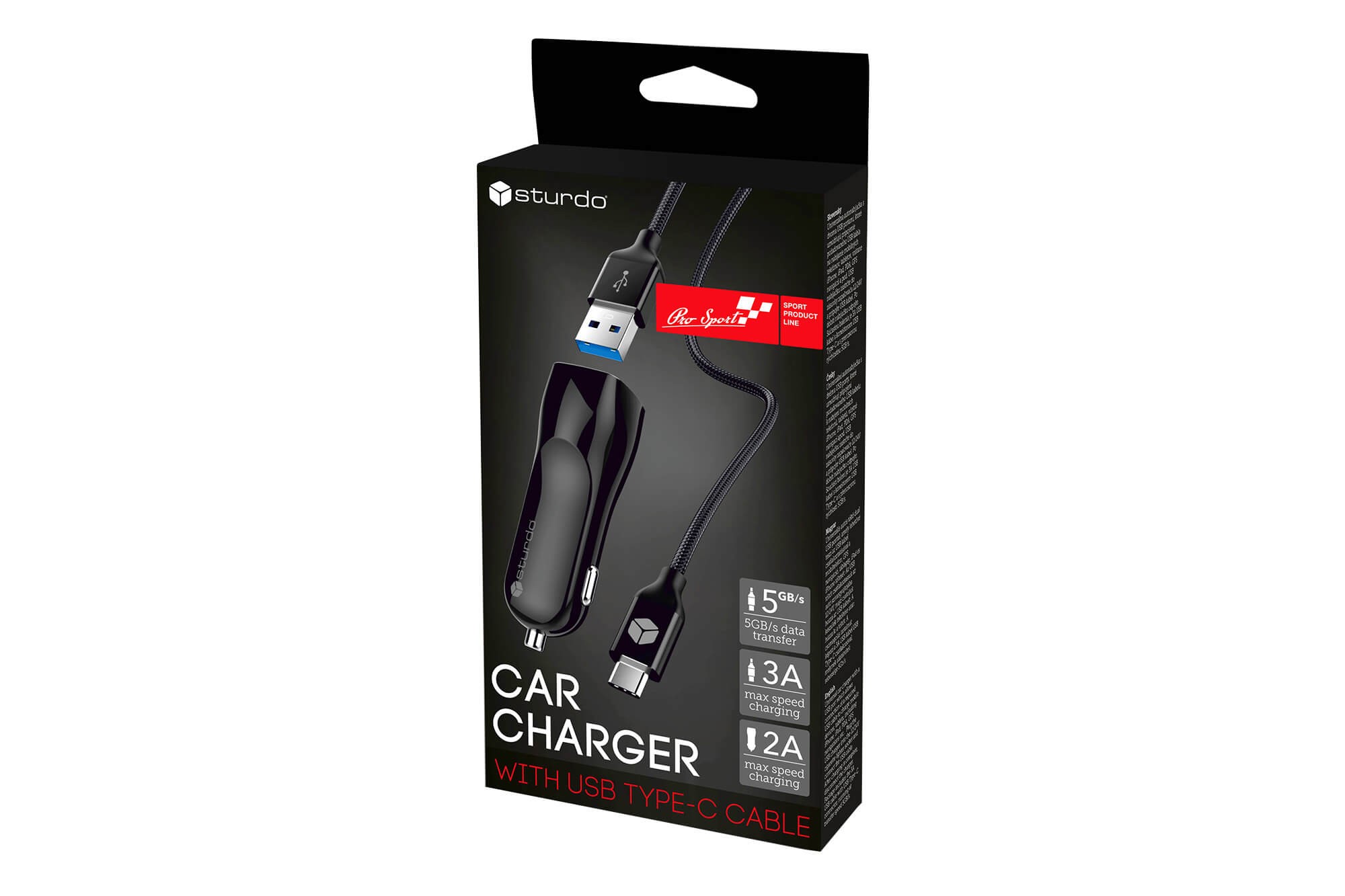 Черно USB зарядно за автомобил Sturdo 2xUSB, 2A, с кабел USB Type C, 5 GB/s, 3A, 1м