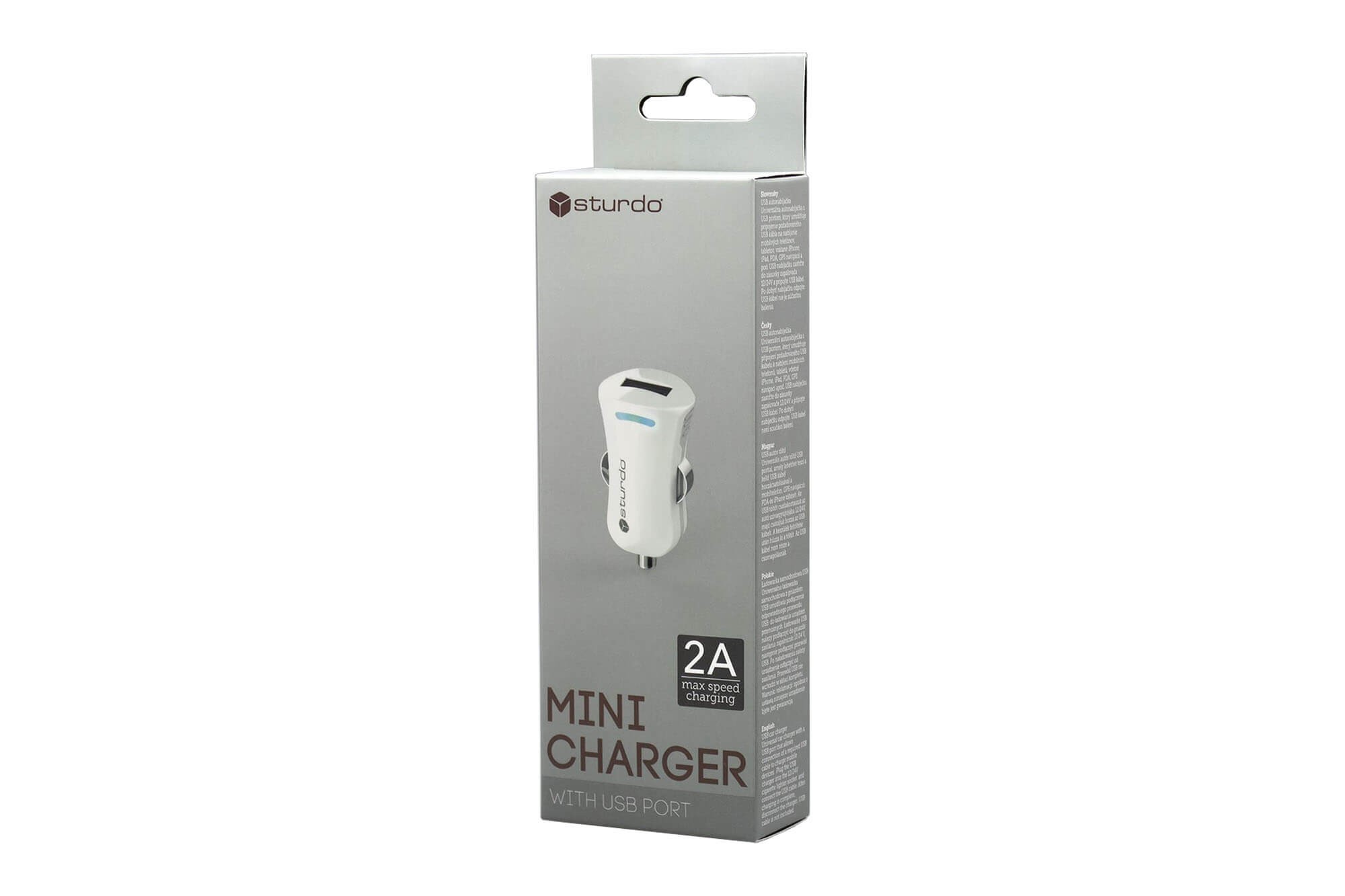 Бяло мини USB зарядно за автомобил Sturdo 1xUSB, 2A