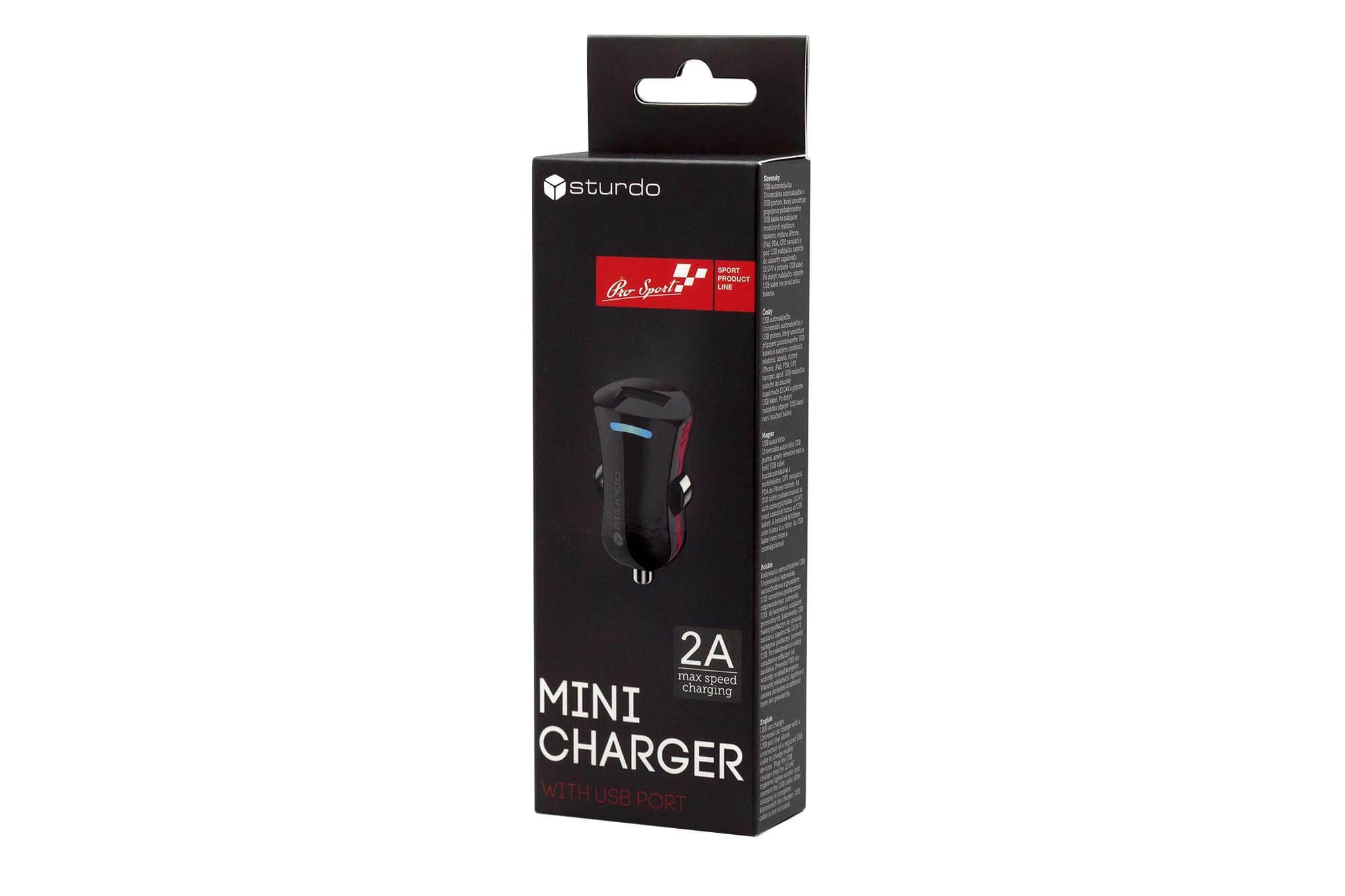 Черно мини USB зарядно за автомобил Sturdo серия Pro Sport 1xUSB, 2A
