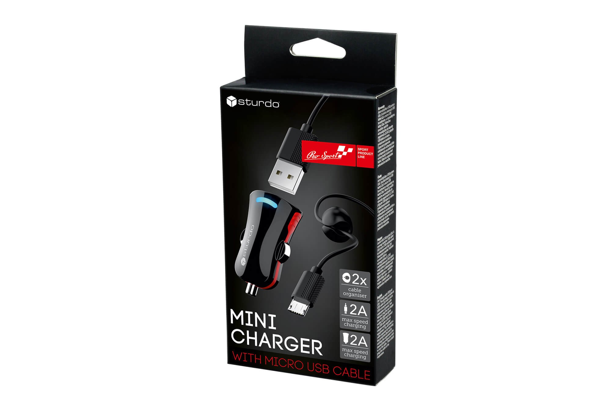 Черно мини USB зарядно за автомобил Sturdo серия Pro Sport 2A, с кабел micro USB, 1м