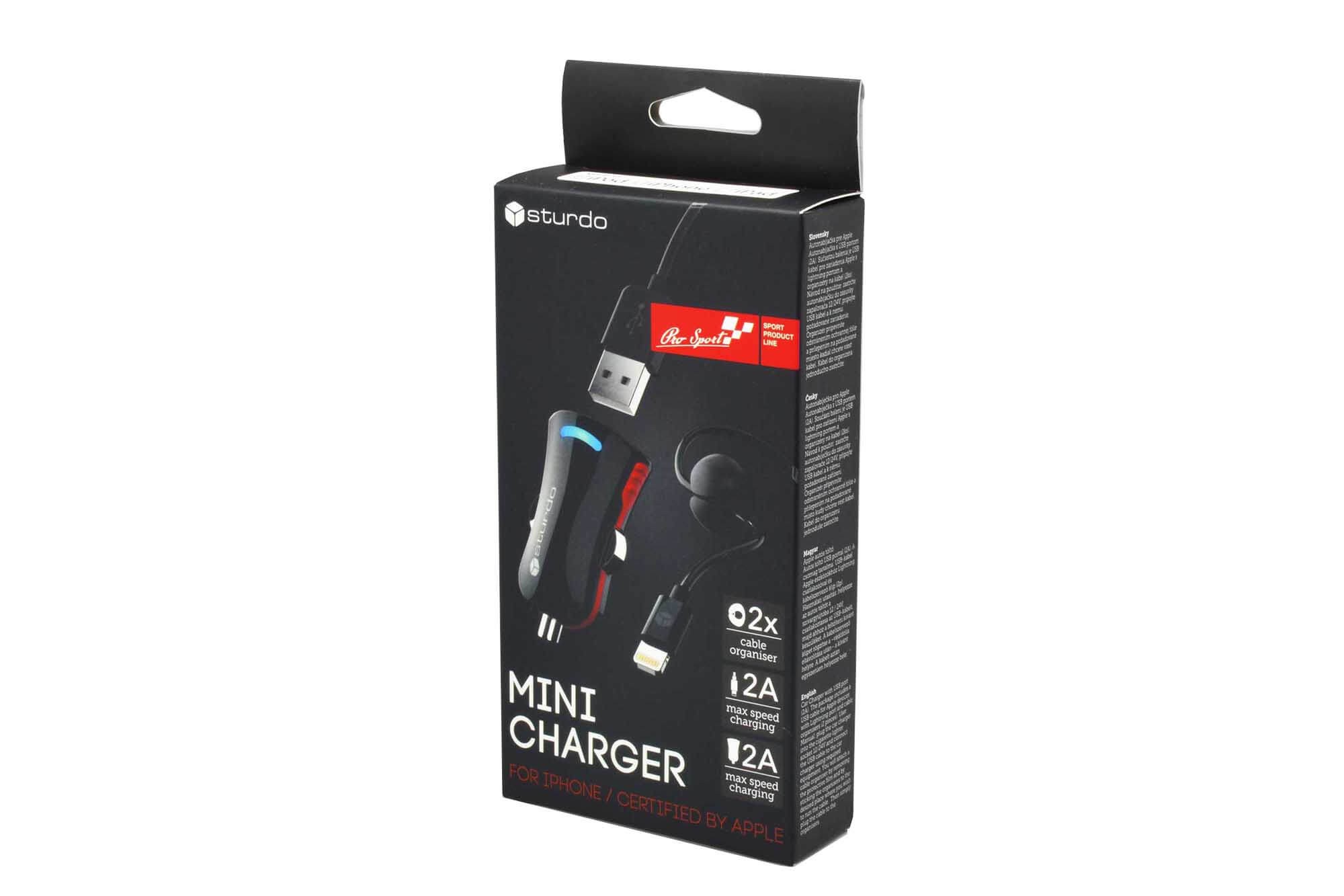 Черно мини USB зарядно за автомобил Sturdo серия Pro Sport 2A, с кабел MFI Lightning за Iphone, 1м