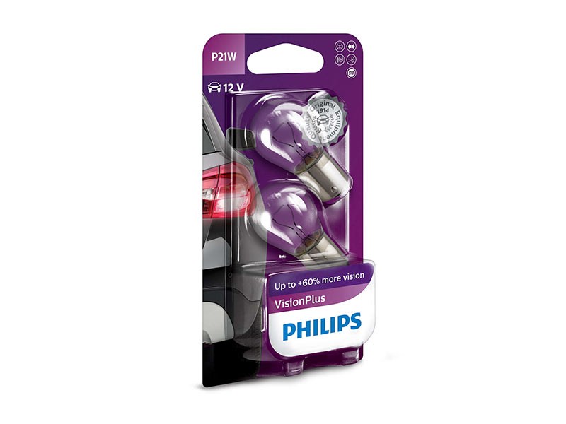 Комплект 2 броя халогенни крушки Philips P21W Vision Plus 12V, 21W, BA15S
