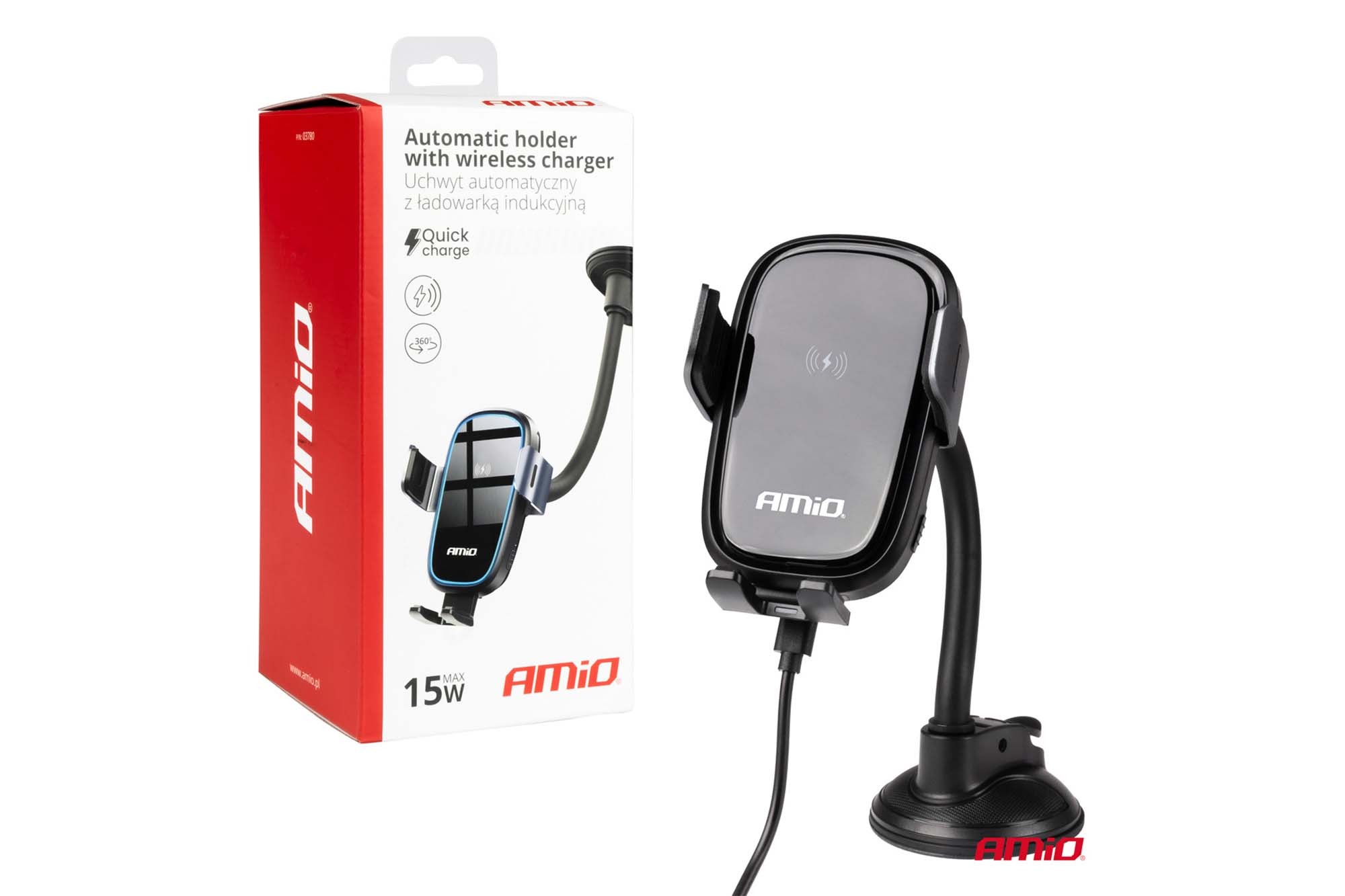 Стойка Amio за телефон с безжично зареждане 15W, 2A, Type-C - монтаж на прозорец чрез вендуза
