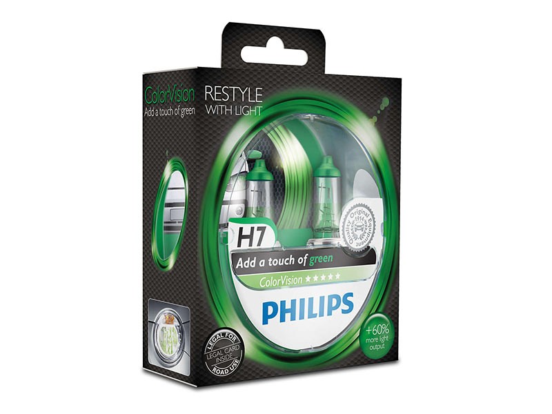 Комплект 2 броя халогенни крушки Philips H7 Color Vision12V, 55W, PX26D, Зелени Комплект 2 броя халогенни крушки Philips H7 Color Vision12V, 55W, PX26D, Зелени