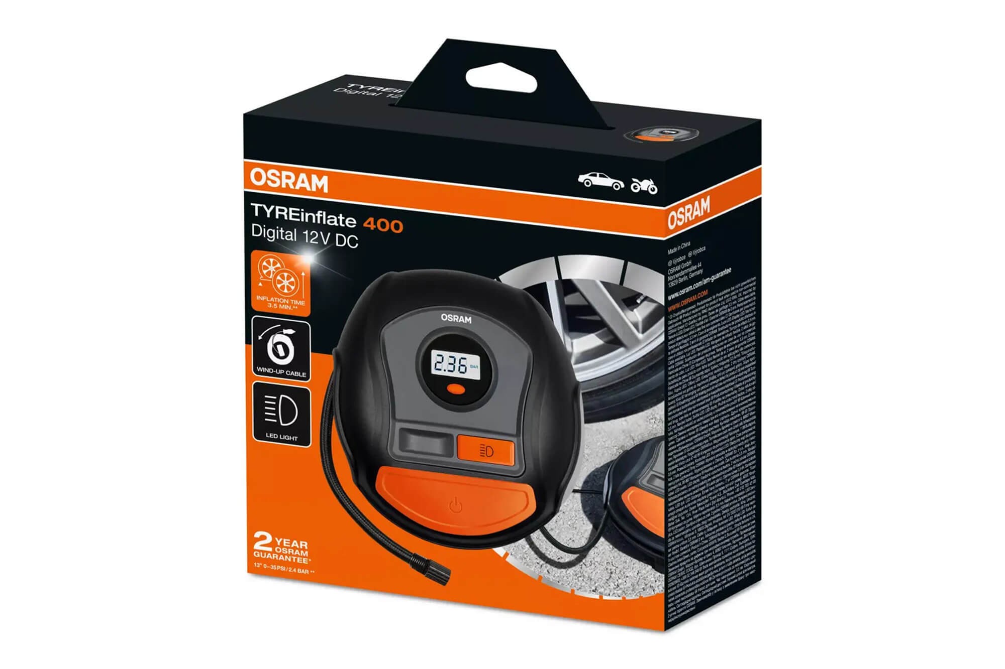 Дигитален компресор Osram модел 400 за гуми 12V, 10A, 5.5bar