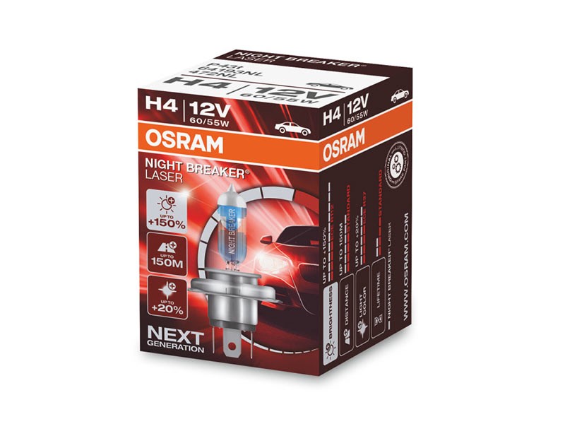 Халогенна крушка Osram H4 Night Breaker Laser +150% 12V, 60/55W, P14.5s, 1650/1000lm, 1 брой в кутия