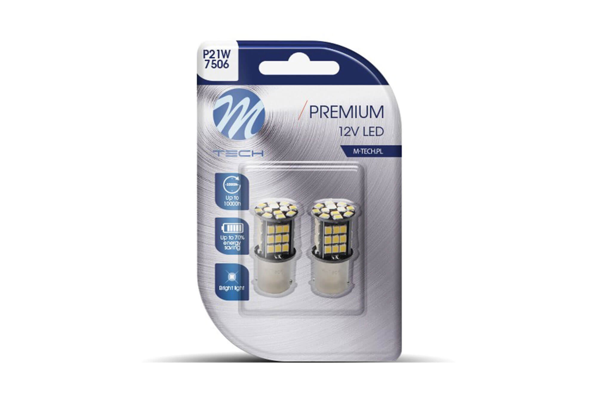 LED крушки M-tech Premium бели, P21W, 12V, 3.9W, 490LM, BA15s, 2 броя