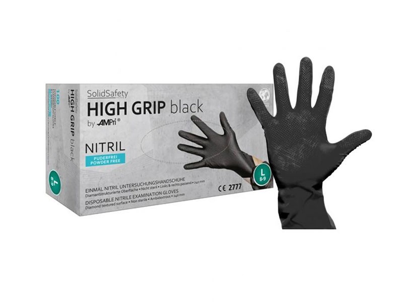 Нитрилни ръкавици AMPri SolidSafety High Grip размер L, 100 броя, черни