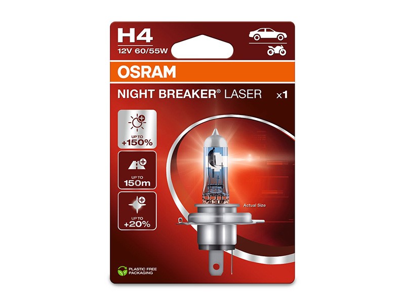 Халогенна крушка Osram H4 Night Breaker Laser +150% 12V, 60/55W, P14.5s, 1650/1000lm, 1 брой в блистер