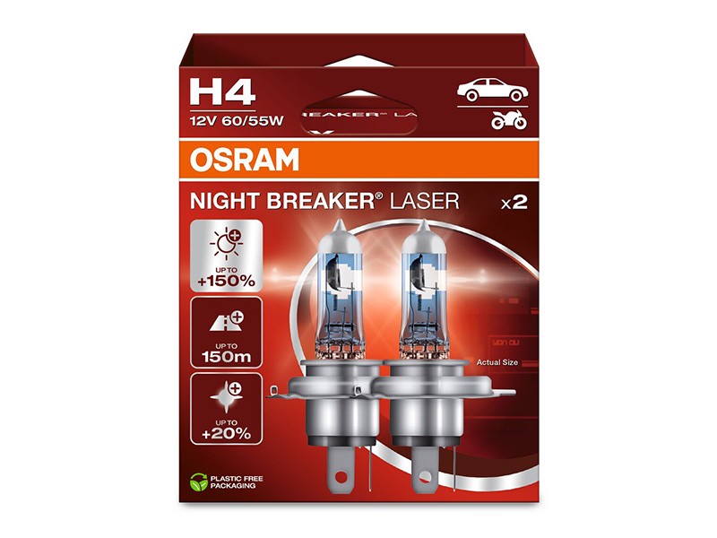Комплект 2 броя халогенни крушки Osram H4 Night Breaker Laser +150% 12V, 60/55W, P14.5s, 1650/1000lm
