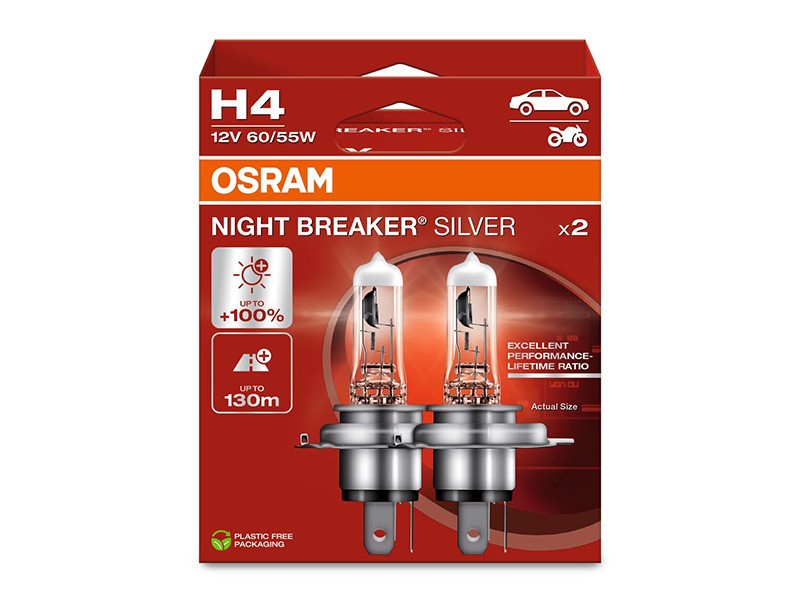 Комплект 2 броя халогенни крушки Osram H4 Night Breaker Silver 12V, 60/55W, P43t, 1650/1000lm
