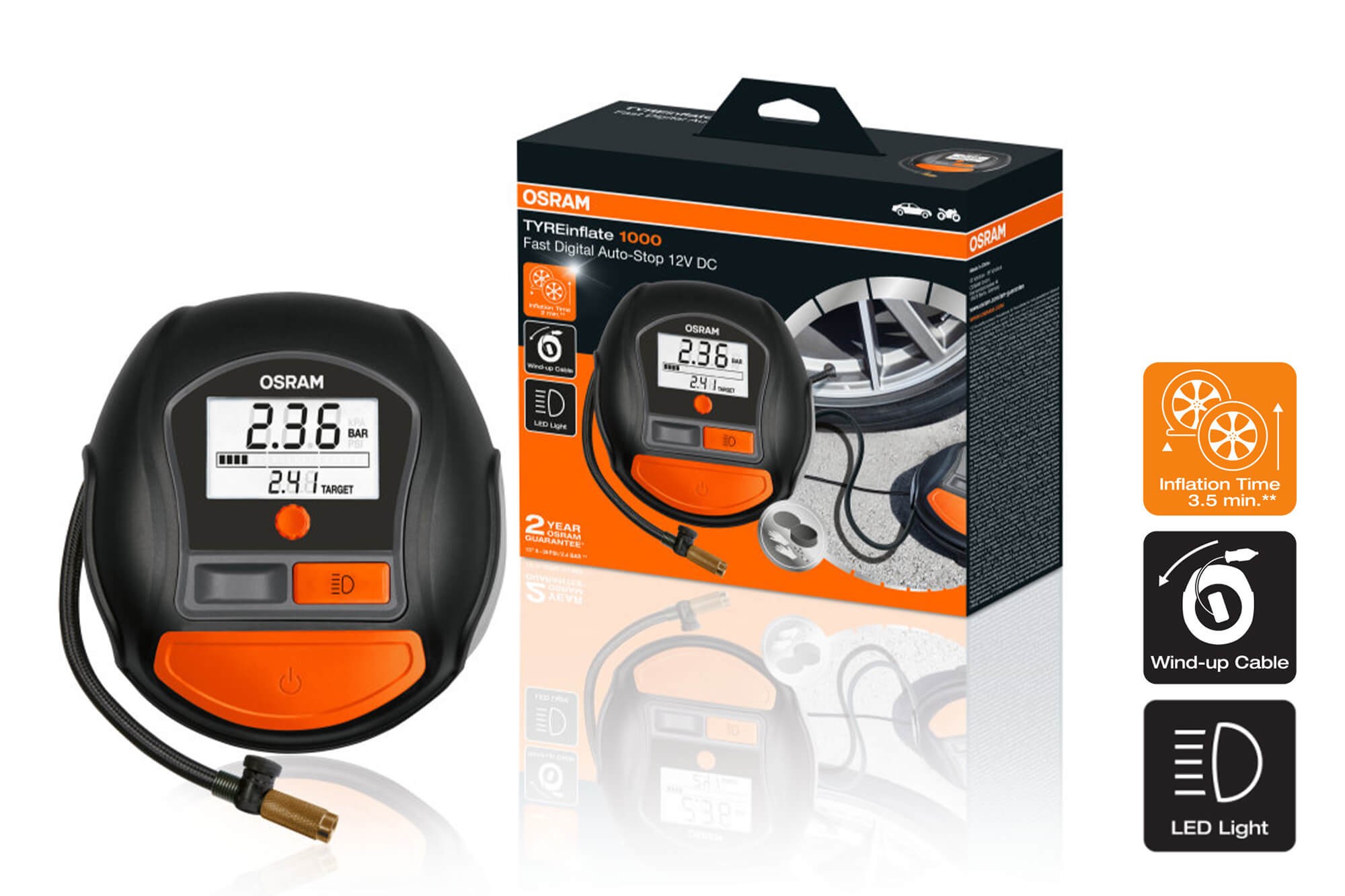 Дигитален компресор Osram модел 1000 за гуми 12V, 15A, 5.5bar